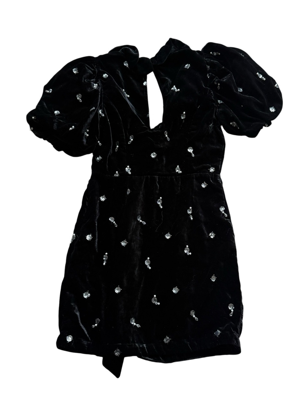 Anthropologie Maeve Black Velvet Mini Dress 2 Sequin Pearl Puff Sleeve Party - Picture 12 of 14